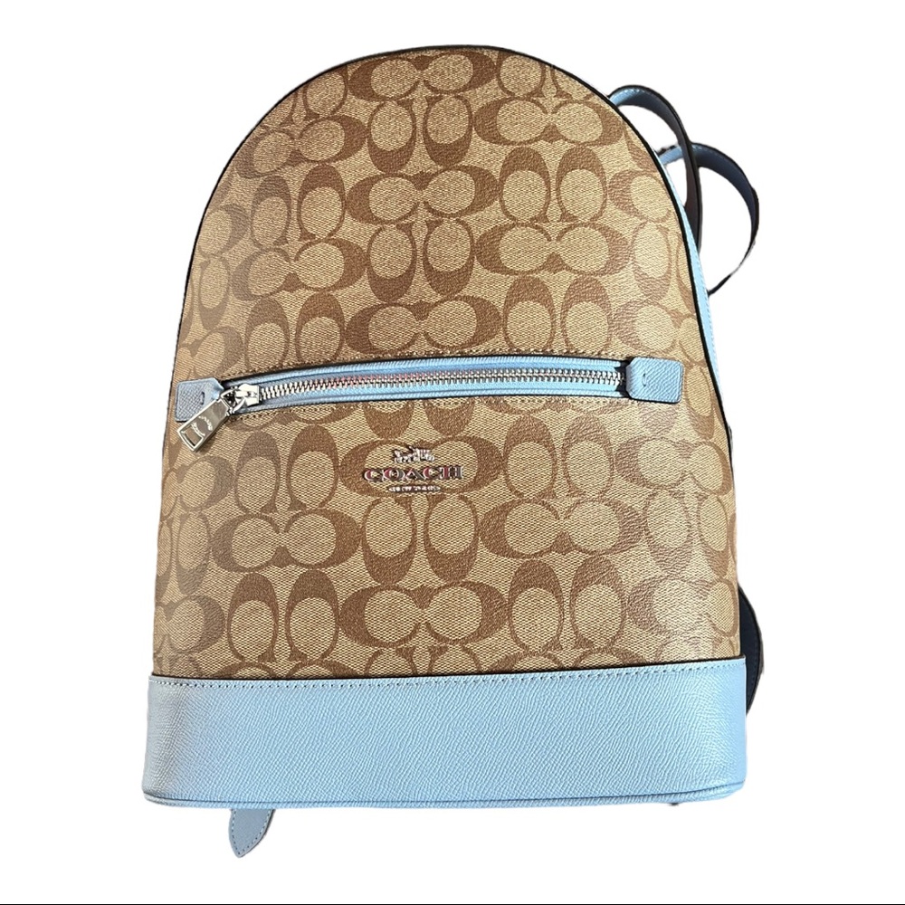 Coach Kenley Backpack in signature canvas with baby blue detailing